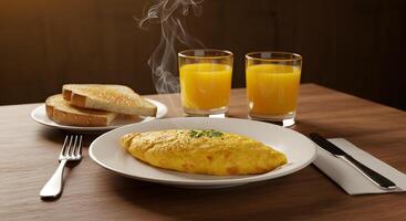 A table with a plate of food and two glasses of orange juice photo