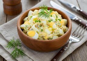A bowl of potato salad with eggs and green onions photo