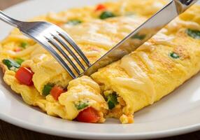 A plate with a fork and a breakfast omelet photo