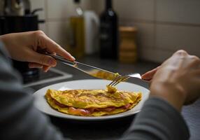 A person is eating an omelet with a fork photo