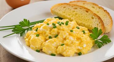 Scrambled eggs with bread and parsley photo