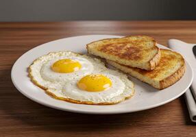 A plate of toast and eggs on a table photo