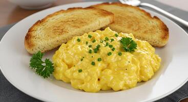 A plate of scrambled eggs and toast photo