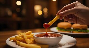 A person dipping a ketchup packet into a bowl of fries photo