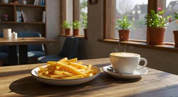 A table with a bowl of french fries and a cup of coffee photo