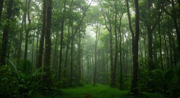 A path through a green forest with trees and grass photo