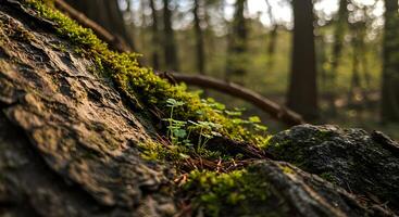 A small plant growing on a tree trunk in the woods photo