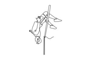 Single one line drawing male athlete jumper high jump in athletics competition on track stadium. Dynamic approach to clearing impressive height. Continuous line draw design graphic illustration vector