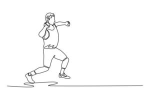 Single one line drawing male athlete preparing to throw shot in athletics competition. Launching a heavy spherical shot with precision. Modern continuous line draw design graphic illustration vector