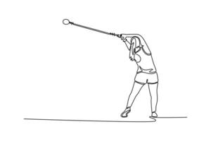 Single continuous line drawing back view strong female athlete competing in the hammer throw event. Healthy lifestyle, movement, activity, competition. One line draw graphic design illustration vector