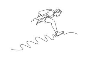 Continuous one line drawing male athlete jumping in sandpit competing in long jump during long or triple jump attempt competitive sports event or training. Single line draw design illustration vector