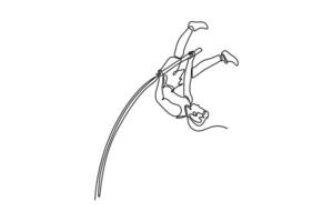 Single one line drawing young male pole vaulter jumping over bar during practice session at the track on outdoor stadium for competition. Modern continuous line draw design graphic illustration vector