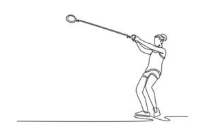 Single continuous line drawing attractive female athlete performing hammer throw in outdoor stadium. Powerful rotational technique, precise footwork. One line draw graphic design illustration vector