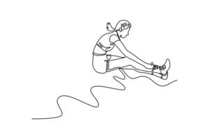 Continuous one line drawing female long jumper and triple jumper in the air with her legs parallel to sand getting ready to land during tournament. Single line draw design graphic illustration vector