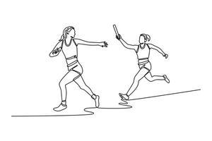 Single continuous line drawing attractive woman team running with baton in relay on stadium track together. Group of athletes holding bar in competitive race. One line draw design illustration vector