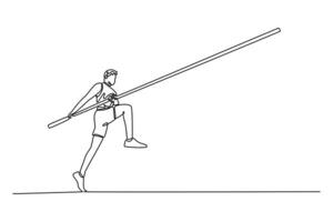 Single one line drawing professional male pole vaulter ready to overcome difficulties, training for tournament. Practicing at outdoors stadium. Continuous line draw design graphic illustration vector