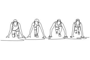 Single continuous line drawing front view male athletes on starting line prepares to run at the running track in outdoors stadium. Sportsman sprinting. One line draw graphic design illustration vector