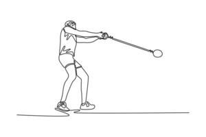 Single continuous line drawing strong male athlete performing hammer throw in outdoor stadium. Focused precision, release discus, demonstrating skill. One line draw graphic design illustration vector