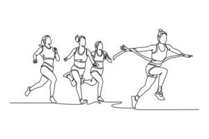 Single continuous line drawing happy woman winning race and coming first to finish line with ribbon over group of sportswoman running marathon on stadium. One line graphic design illustration vector