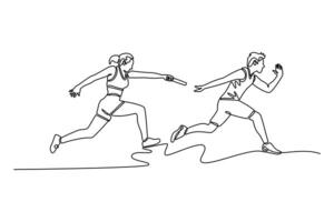 Single continuous line drawing sprinters male and female pass baton in thrilling relay race. Sprint or teamwork for cardio training or workout. Dynamic one line draw graphic design illustration vector