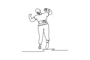 Single one line drawing back view female shot putter holds shot put ball firmly against neck. Launching a heavy spherical shot with precision. Continuous line draw design graphic illustration vector