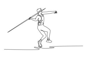 Single one line drawing back view of male athlete practices in throwing javelin at sports field stadium. Sportsman training in action, motion. Continuous line draw design graphic illustration vector