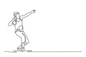 Single one line drawing focused male shot putter holds shot put ball firmly against neck, muscles taut prepares to release a burst of strength. Continuous line draw design graphic illustration vector