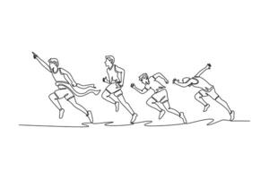Single continuous line drawing young male sprinter stepping over the finishing line while competitors are behind him on stadium at an athletics event. One line draw graphic design illustration vector