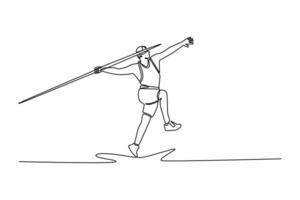 Single one line drawing javelin throw athlete practice on track field during outdoor sports training session. Sportsman focused on stance in ready position. Continuous line design illustration vector