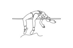 Continuous one line drawing female athlete in action high jump over bar in track field. Dynamic approach to clearing impressive height. Agile and explosive. Single line draw design illustration vector