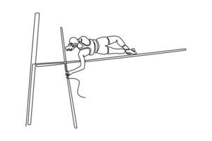 Single one line drawing professional female athlete on national championship successfully jumping over bar. Agile, explosive, precision, flexibility. Continuous line design graphic illustration vector