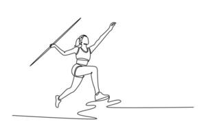Continuous one line drawing strong female athlete throwing javelin practice on track field stadium. Sportswoman focused on stance in ready position. Single line draw design graphic illustration vector