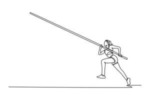 Single one line drawing professional female pole vaulter ready to overcome difficulties. Leap agility for cardio exercise or athletics contest. Continuous line draw design graphic illustration vector
