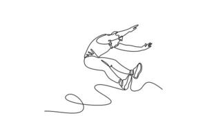 Continuous one line drawing male long jumper and triple jumper in the air with his legs parallel to sand getting ready to land during a competition. Single line draw design graphic illustration vector