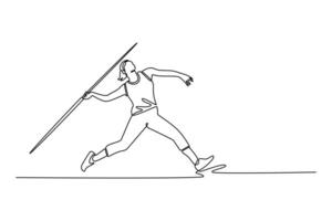 Continuous one line drawing female athlete practice in throwing javelin at sport field stadium. Professional sportswoman training in action, motion. Single line draw design graphic illustration vector