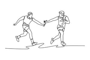 Single continuous line drawing man team running with baton in relay on outdoors stadium track together. Collaboration and athlete group in running competition. One line draw design illustration vector