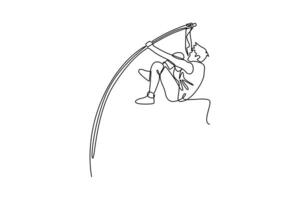 Single one line drawing active male athlete pole vaulter to pole bend during athletics competition. Dynamic approach to clearing impressive height. Continuous line design graphic illustration vector