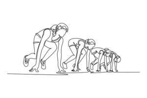 Single continuous line drawing female runners at the starting line on race competition. Athletes kneeling ready to start running, prepared to compete. One line draw graphic design illustration vector