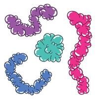 set of colorful stylish fluffy clouds in doodle style on white background in pink, purple, green and blue, graffiti element for modern design vector