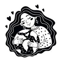 illustration in black and white doodle sketch style cute woman with long hair hugging planet earth vector