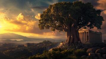 A breathtaking sunset casts a warm glow over a majestic tree and an ancient temple. photo
