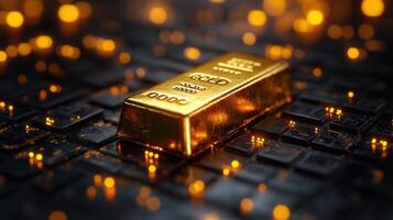 A golden bar sits on a circuit board, symbolizing wealth and financial technology. photo