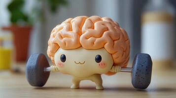 An adorable cartoon brain character lifting weights, a creative concept for mental fitness. photo