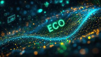 A vibrant digital artwork showcases 'eco' with glowing particles and a network-like background. photo
