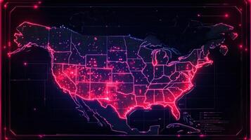 Illuminated digital map of the United States displaying data points and glowing connections. photo