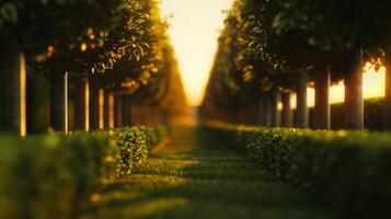Lined trees and sunlight create a stunning pathway in a beautifully manicured garden. photo