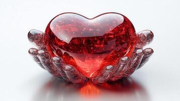 A luminous red heart, sculpted in glass, held gently by intricately detailed hands. photo
