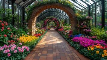 A stunning greenhouse filled with diverse colorful flowers in full bloom, creating a vibrant scene. photo