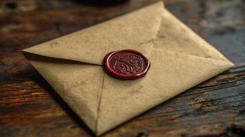 A vintage letter sealed with red wax, resting on a rustic wooden surface, waiting to be read. photo