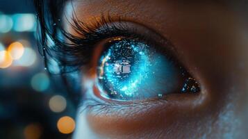 A striking close-up of an eye reflecting digital data, a vision of futuristic technology. photo